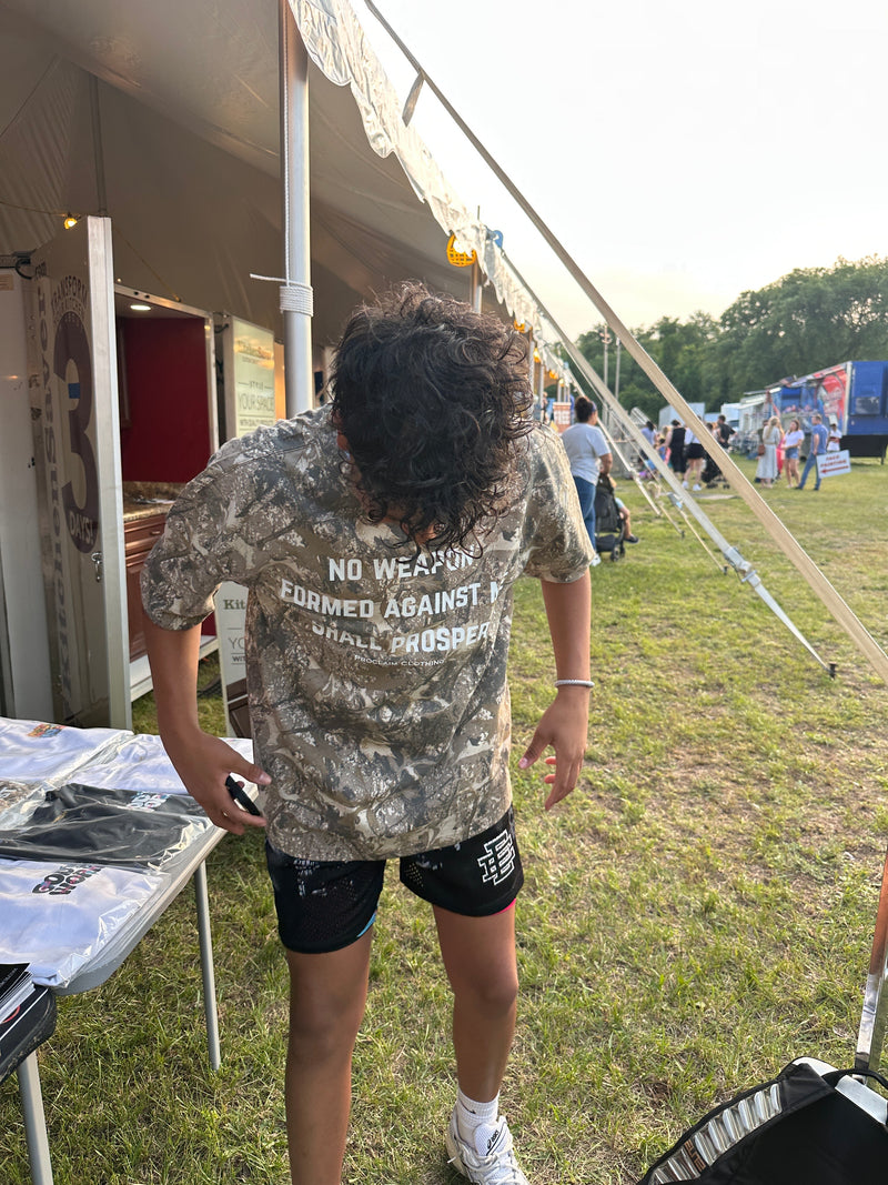No Weapon Shall Prosper- Forest Camo Boxy Tee